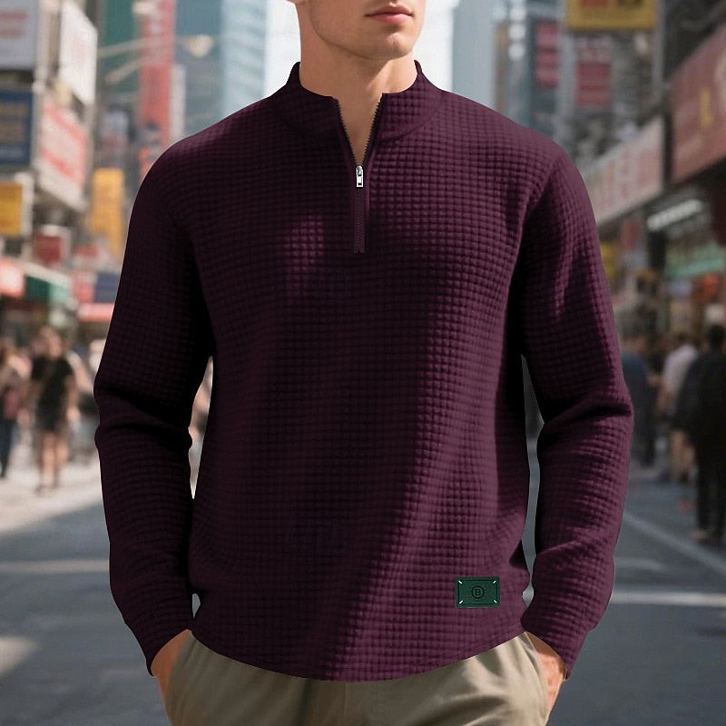 Quarter-Zip Sweatshirt Waffle-Knit Grey Stand Collar Men's – Casual, Office, Holiday, Gift