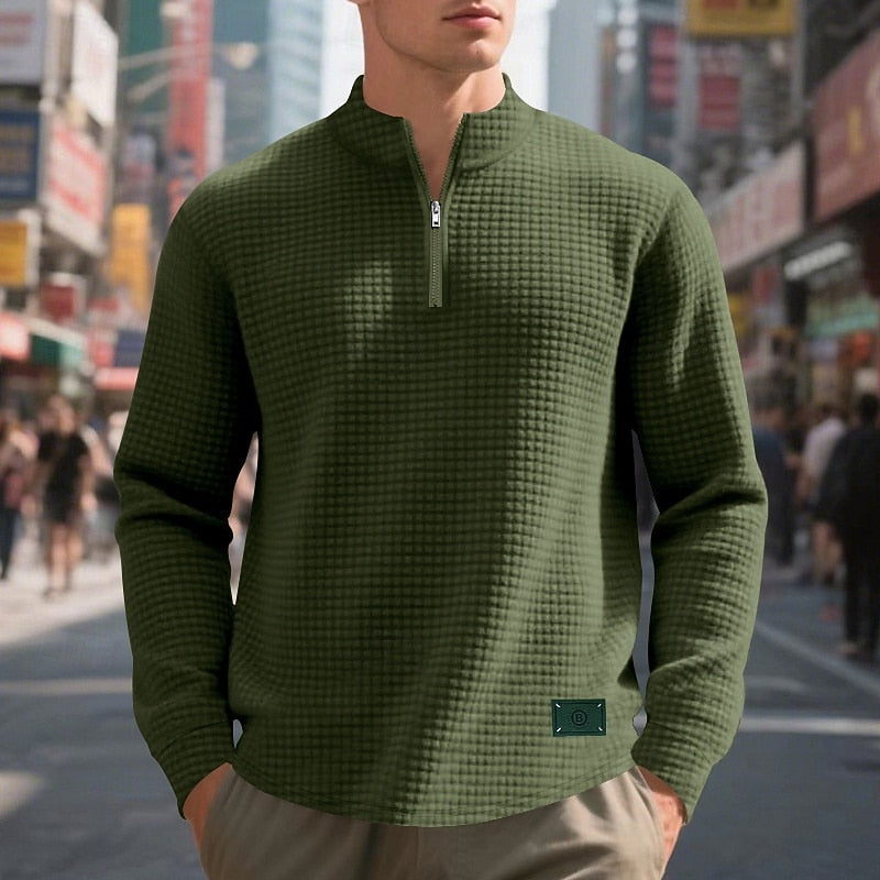 Quarter-Zip Sweatshirt Waffle-Knit Grey Stand Collar Men's – Casual, Office, Holiday, Gift