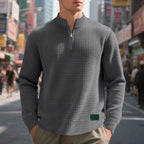 Quarter-Zip Sweatshirt Waffle-Knit Grey Stand Collar Men's – Casual, Office, Holiday, Gift