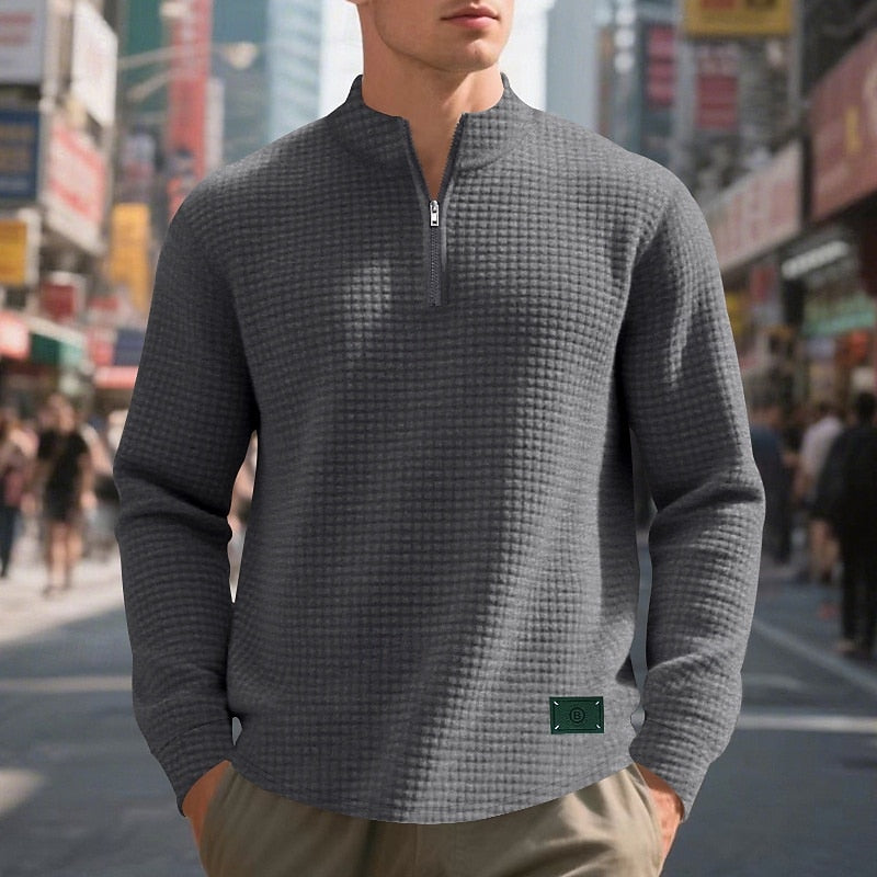 Quarter-Zip Sweatshirt Waffle-Knit Grey Stand Collar Men's – Casual, Office, Holiday, Gift