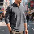 Quarter-Zip Sweatshirt Waffle-Knit Grey Stand Collar Men's – Casual, Office, Holiday, Gift