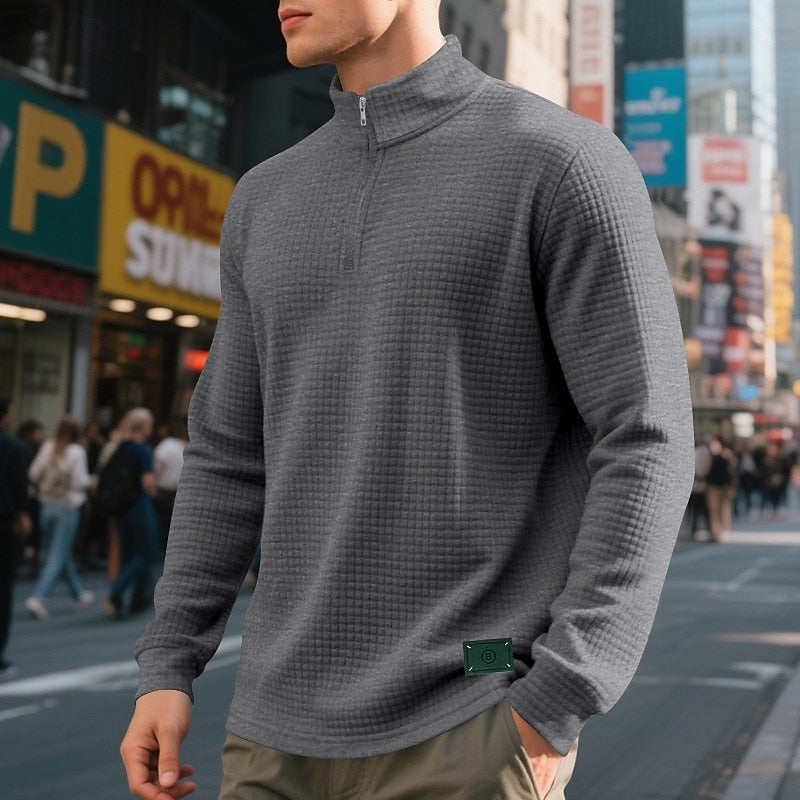 Quarter-Zip Sweatshirt Waffle-Knit Grey Stand Collar Men's – Casual, Office, Holiday, Gift