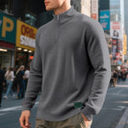 Quarter-Zip Sweatshirt Waffle-Knit Grey Stand Collar Men's – Casual, Office, Holiday, Gift