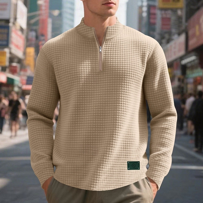 Quarter-Zip Sweatshirt Waffle-Knit Grey Stand Collar Men's – Casual, Office, Holiday, Gift