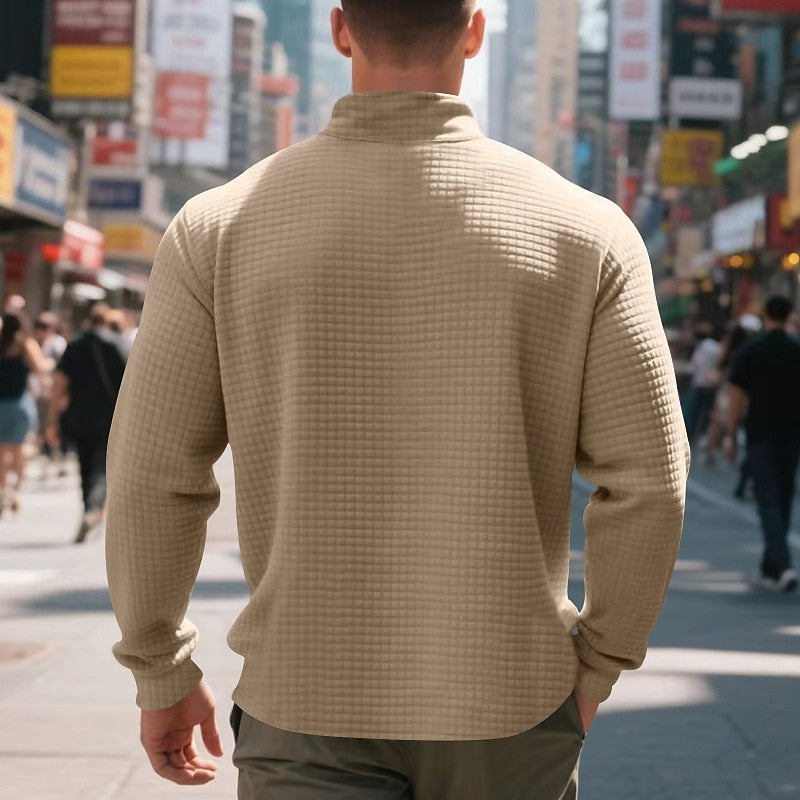 Quarter-Zip Sweatshirt Waffle-Knit Grey Stand Collar Men's – Casual, Office, Holiday, Gift