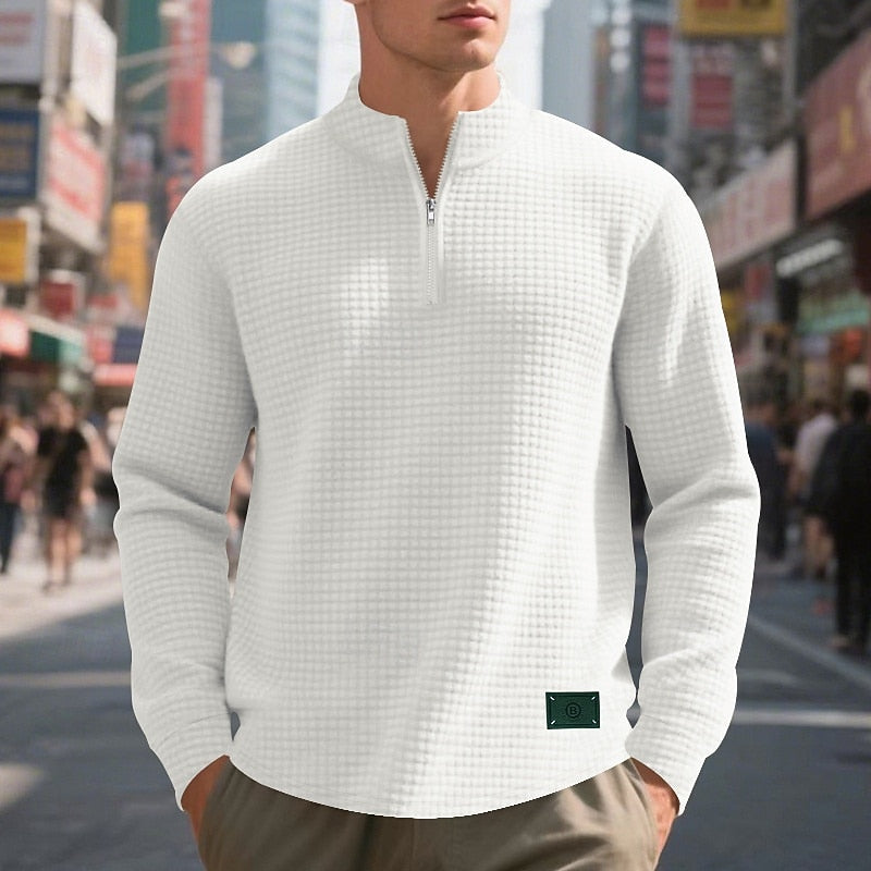 Quarter-Zip Sweatshirt Waffle-Knit Grey Stand Collar Men's – Casual, Office, Holiday, Gift