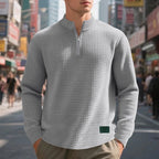 Quarter-Zip Sweatshirt Waffle-Knit Grey Stand Collar Men's – Casual, Office, Holiday, Gift