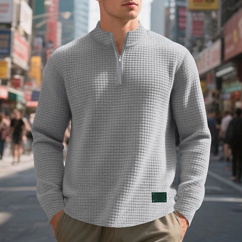 Quarter-Zip Sweatshirt Waffle-Knit Grey Stand Collar Men's – Casual, Office, Holiday, Gift
