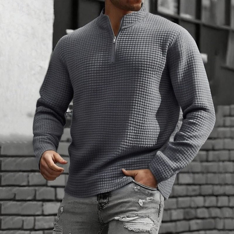 Quarter-Zip Sweatshirt Waffle-Knit Grey Stand Collar Men's – Casual, Office, Holiday, Gift