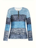 Quarter Zip Top Colourblock Blue Women's Long Sleeve V Neck Pullover – Casual, Office Everyday Wear