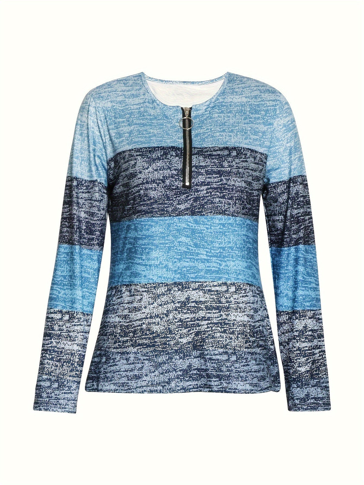 Quarter Zip Top Colourblock Blue Women's Long Sleeve V Neck Pullover – Casual, Office Everyday Wear
