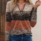 Quarter Zip Top Colourblock Blue Women's Long Sleeve V Neck Pullover – Casual, Office Everyday Wear