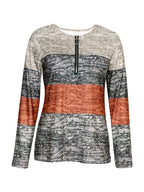 Quarter Zip Top Colourblock Blue Women's Long Sleeve V Neck Pullover – Casual, Office Everyday Wear
