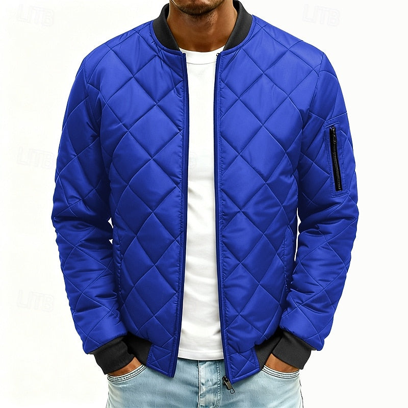 Quilted Bomber Jacket Men's Army Green Diamond Padded Zip-Up – Casual, Winter, Office, Gift