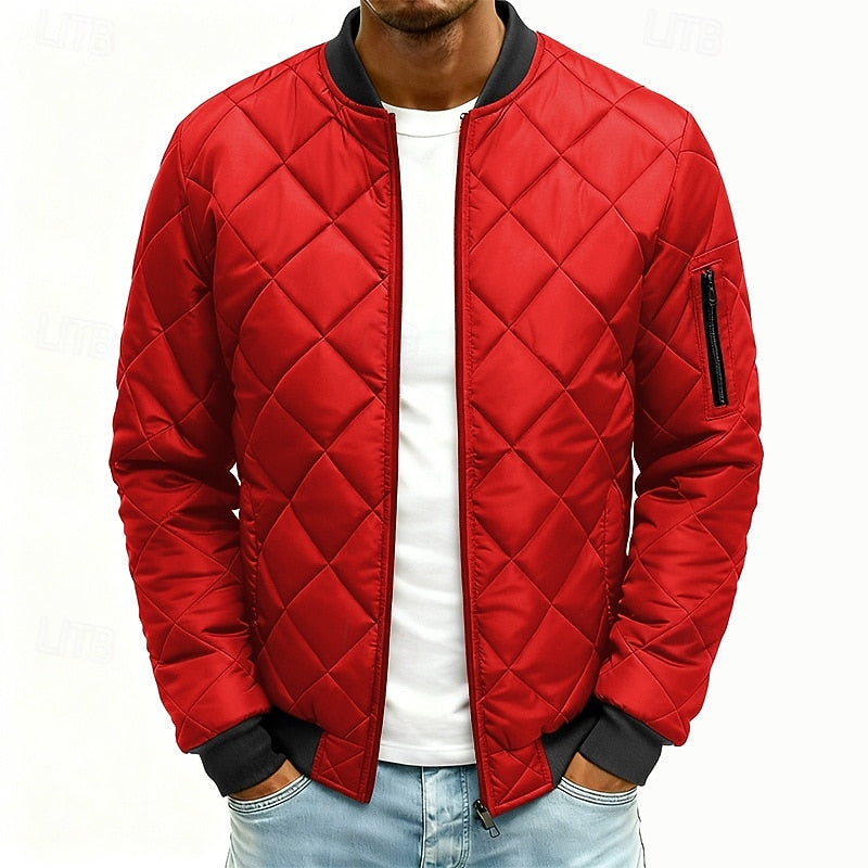 Quilted Bomber Jacket Men's Army Green Diamond Padded Zip-Up – Casual, Winter, Office, Gift