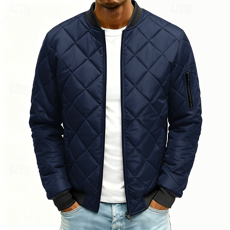 Quilted Bomber Jacket Men's Army Green Diamond Padded Zip-Up – Casual, Winter, Office, Gift
