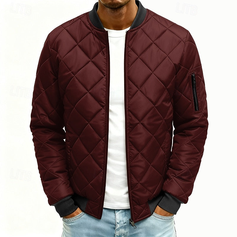 Quilted Bomber Jacket Men's Army Green Diamond Padded Zip-Up – Casual, Winter, Office, Gift