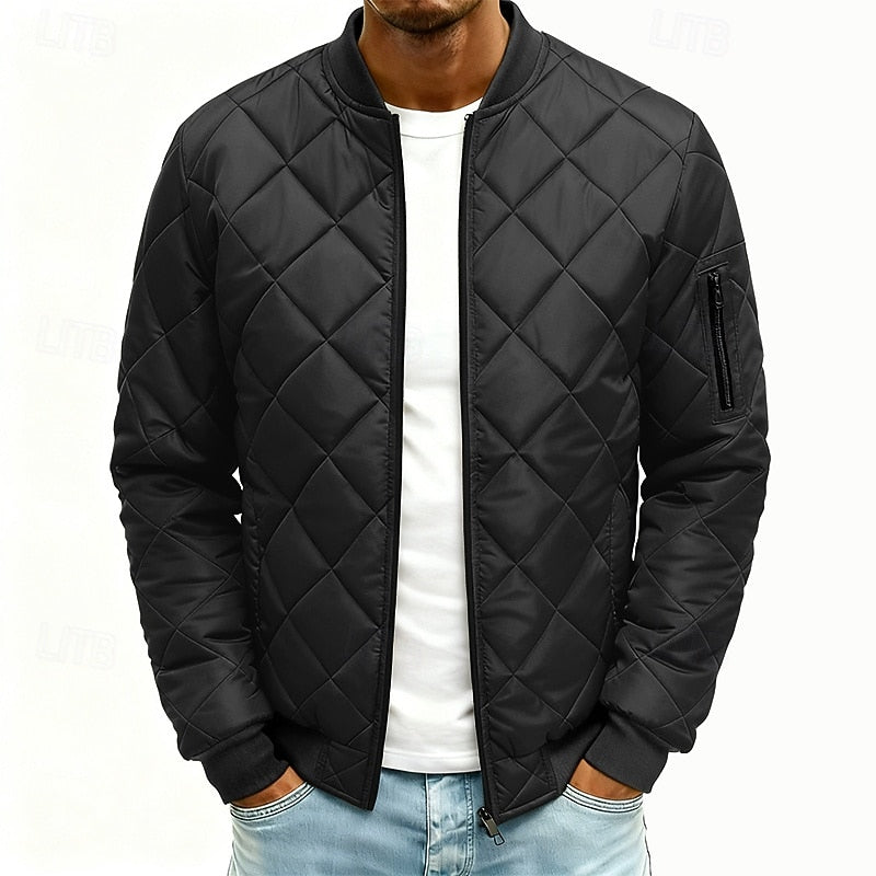 Quilted Bomber Jacket Men's Army Green Diamond Padded Zip-Up – Casual, Winter, Office, Gift