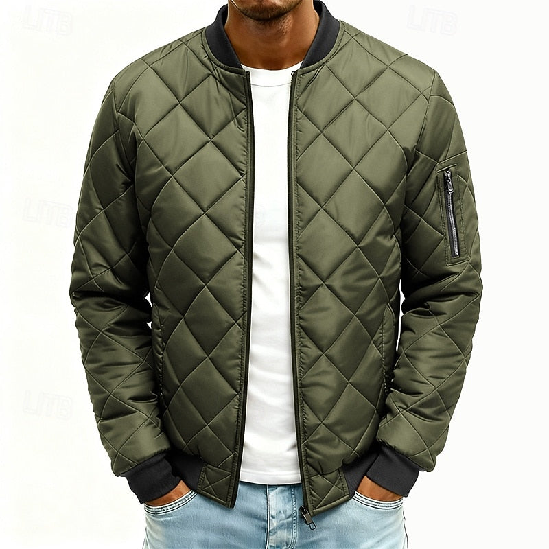 Quilted Bomber Jacket Men's Army Green Diamond Padded Zip-Up – Casual, Winter, Office, Gift
