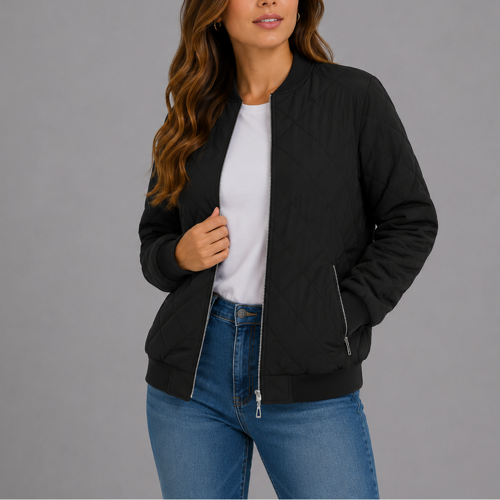 Quilted Bomber Jacket Women's Zip-Up Rust Red with Pockets – Casual, Office, Holiday, Gift
