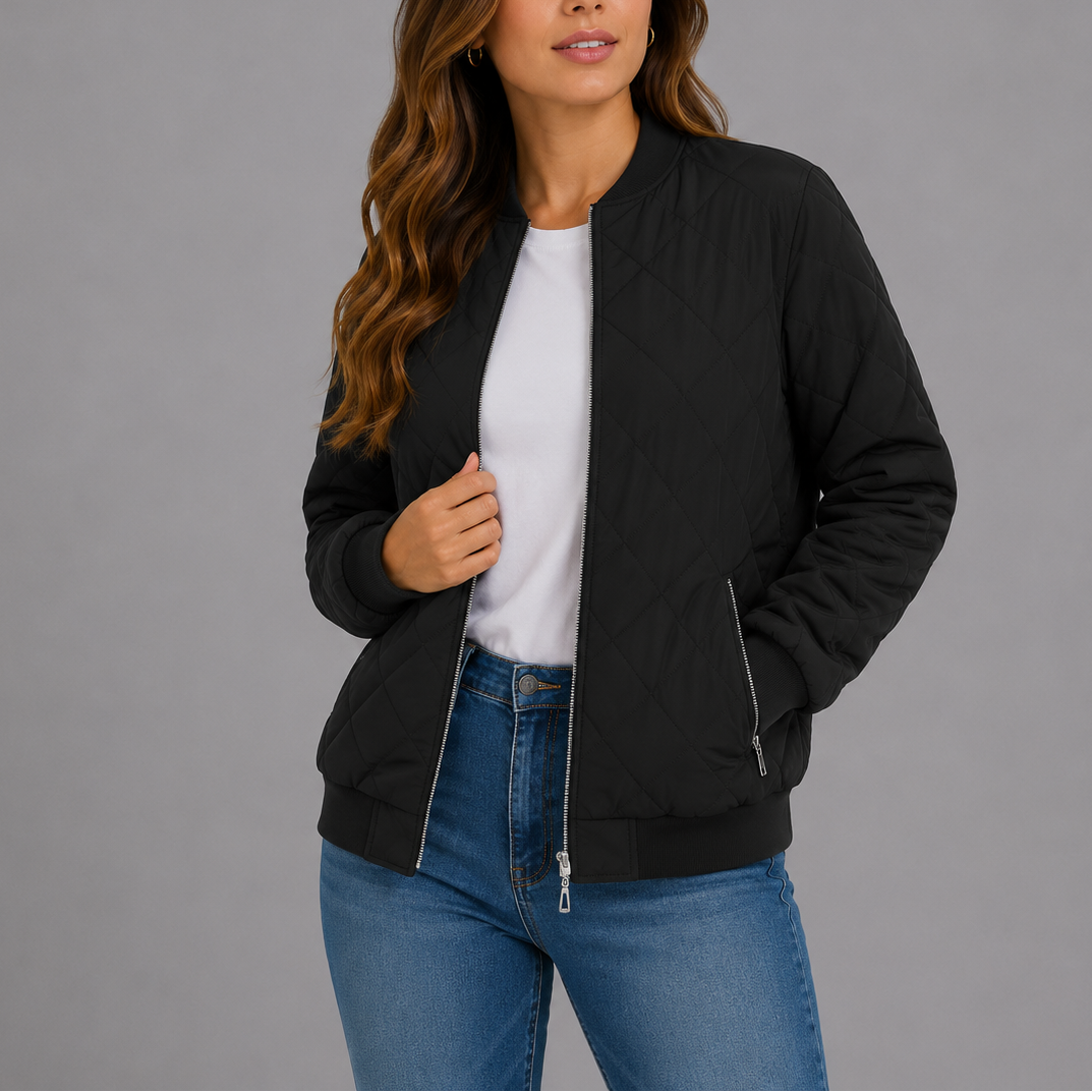Quilted Bomber Jacket Women's Zip-Up Rust Red with Pockets – Casual, Office, Holiday, Gift
