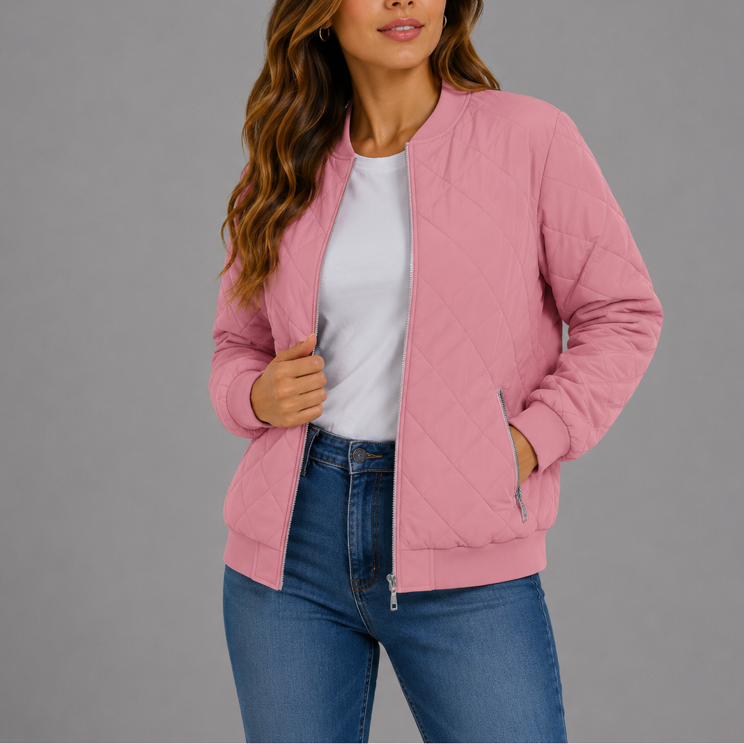 Quilted Bomber Jacket Women's Zip-Up Rust Red with Pockets – Casual, Office, Holiday, Gift