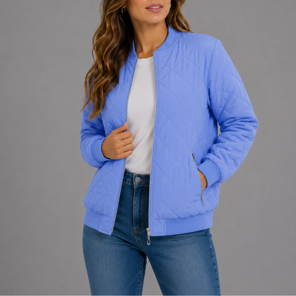 Quilted Bomber Jacket Women's Zip-Up Rust Red with Pockets – Casual, Office, Holiday, Gift