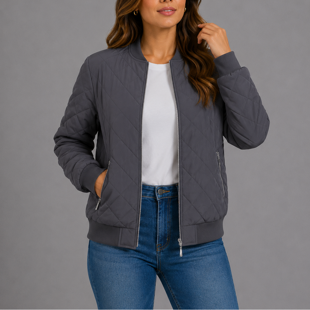 Quilted Bomber Jacket Women's Zip-Up Rust Red with Pockets – Casual, Office, Holiday, Gift
