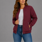 Quilted Bomber Jacket Women's Zip-Up Rust Red with Pockets – Casual, Office, Holiday, Gift