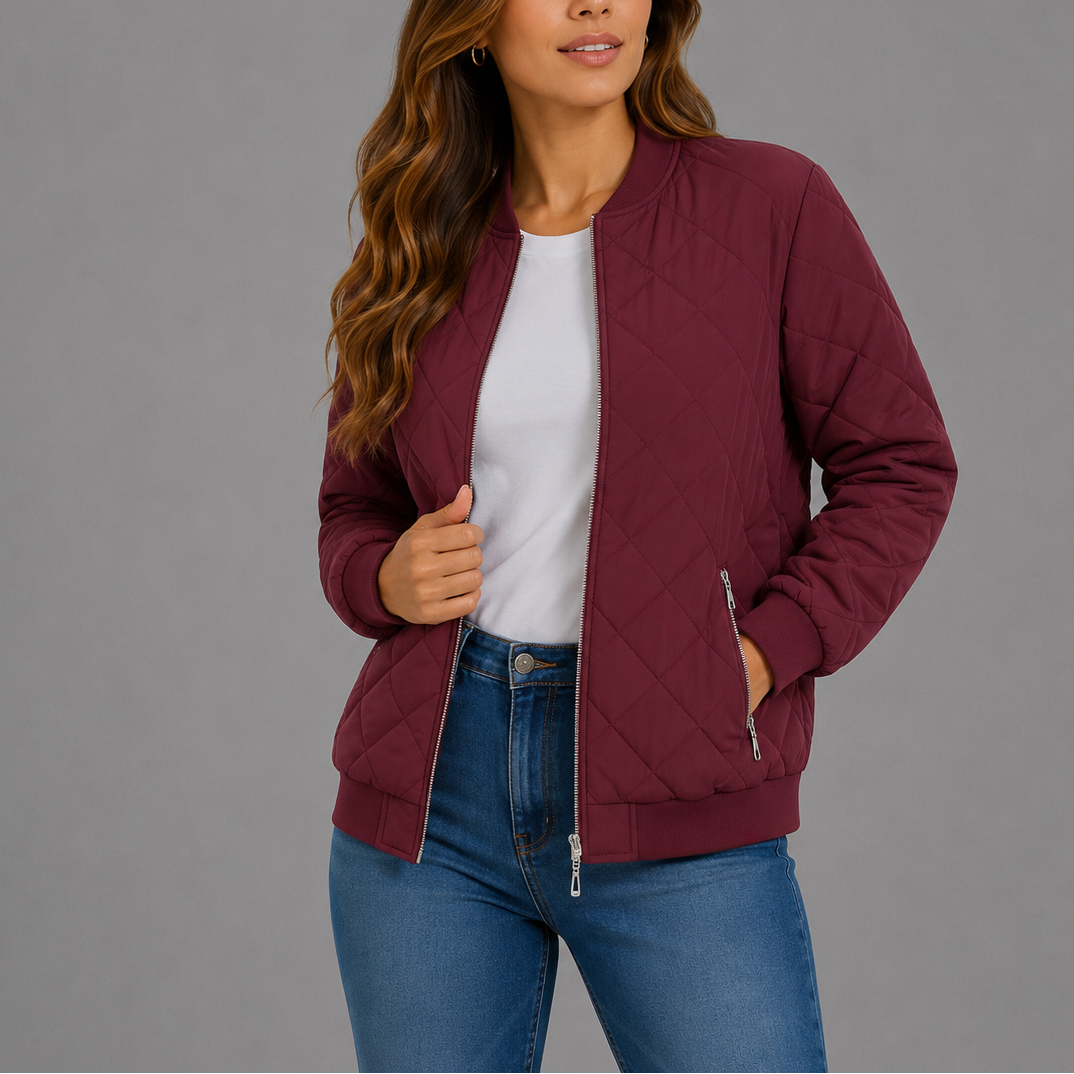 Quilted Bomber Jacket Women's Zip-Up Rust Red with Pockets – Casual, Office, Holiday, Gift