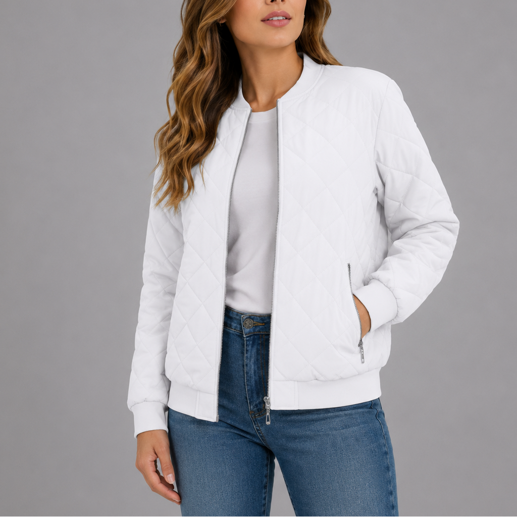 Quilted Bomber Jacket Women's Zip-Up Rust Red with Pockets – Casual, Office, Holiday, Gift