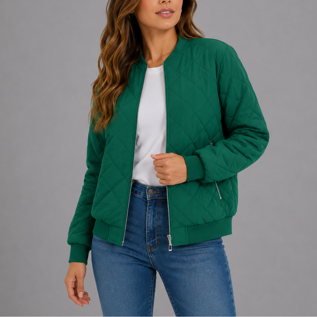 Quilted Bomber Jacket Women's Zip-Up Rust Red with Pockets – Casual, Office, Holiday, Gift