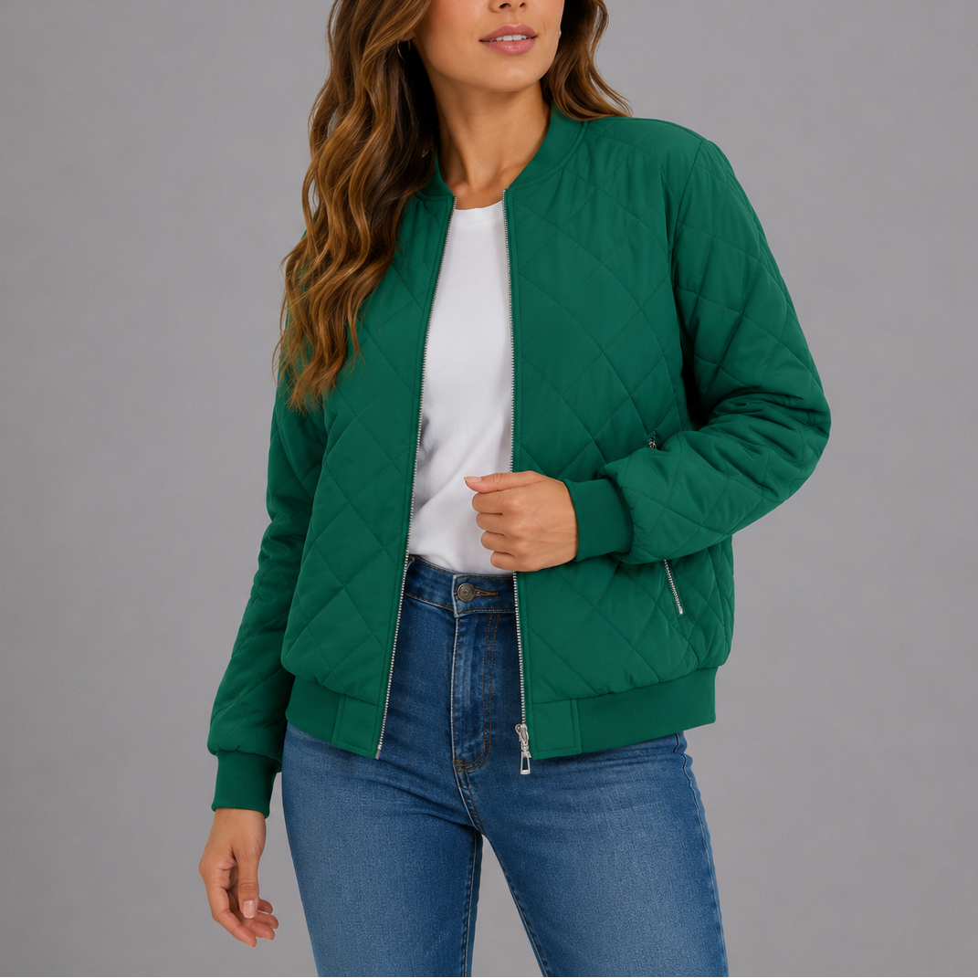 Quilted Bomber Jacket Women's Zip-Up Rust Red with Pockets – Casual, Office, Holiday, Gift