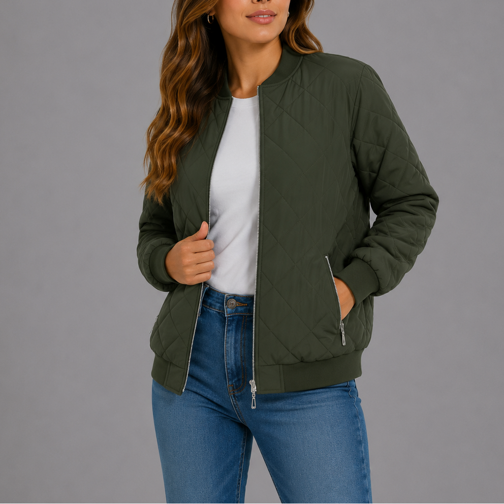 Quilted Bomber Jacket Women's Zip-Up Rust Red with Pockets – Casual, Office, Holiday, Gift