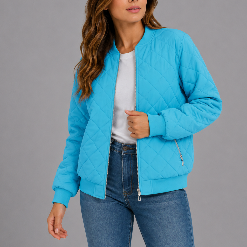 Quilted Bomber Jacket Women's Zip-Up Rust Red with Pockets – Casual, Office, Holiday, Gift