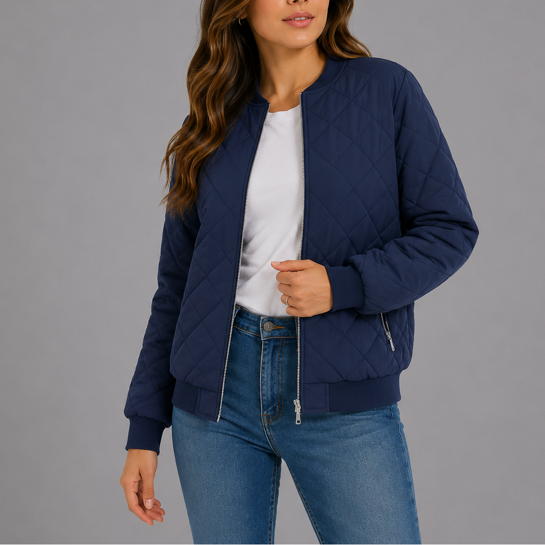 Quilted Bomber Jacket Women's Zip-Up Rust Red with Pockets – Casual, Office, Holiday, Gift