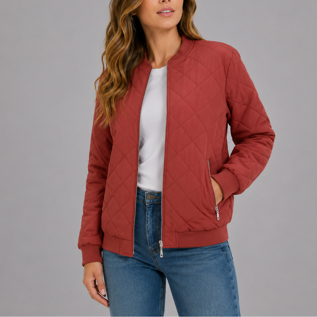 Quilted Bomber Jacket Women's Zip-Up Rust Red with Pockets – Casual, Office, Holiday, Gift
