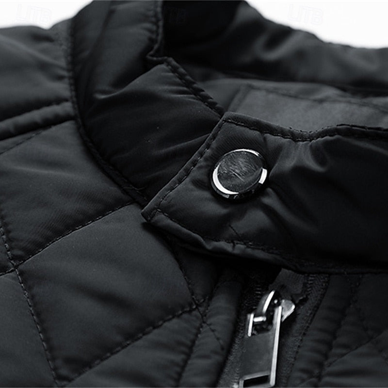 Quilted Jacket Men's Black Stand-Collar Zip-Up – Casual, Office, Holiday, Gift · Werune