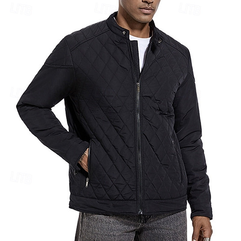 Quilted Jacket Men's Black Stand-Collar Zip-Up – Casual, Office, Holiday, Gift · Werune