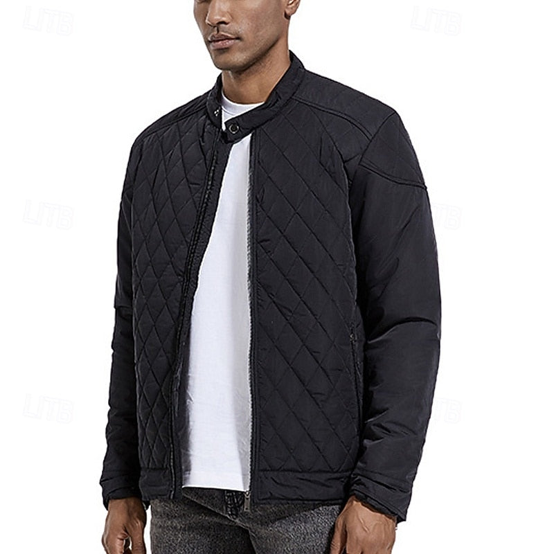 Quilted Jacket Men's Black Stand-Collar Zip-Up – Casual, Office, Holiday, Gift · Werune