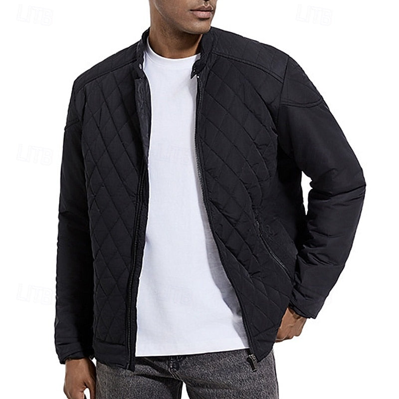 Quilted Jacket Men's Black Stand-Collar Zip-Up – Casual, Office, Holiday, Gift · Werune