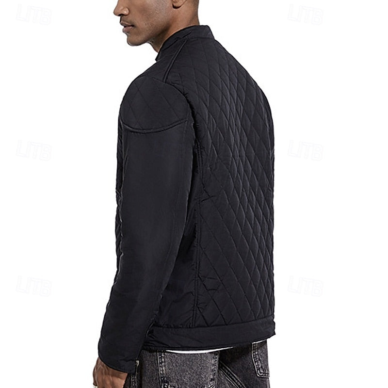 Quilted Jacket Men's Black Stand-Collar Zip-Up – Casual, Office, Holiday, Gift · Werune