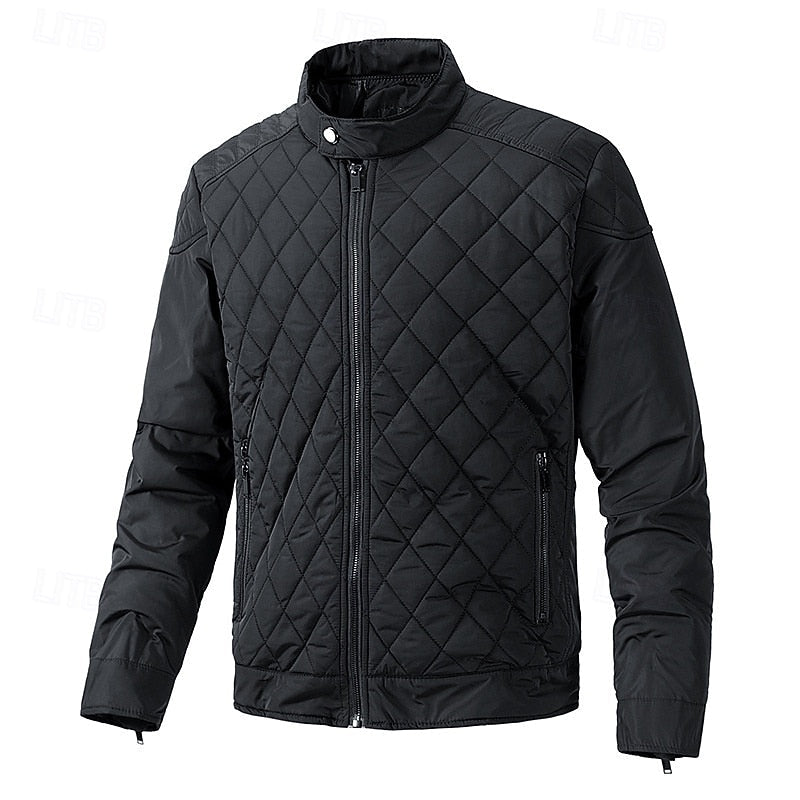 Quilted Jacket Men's Black Stand-Collar Zip-Up – Casual, Office, Holiday, Gift · Werune
