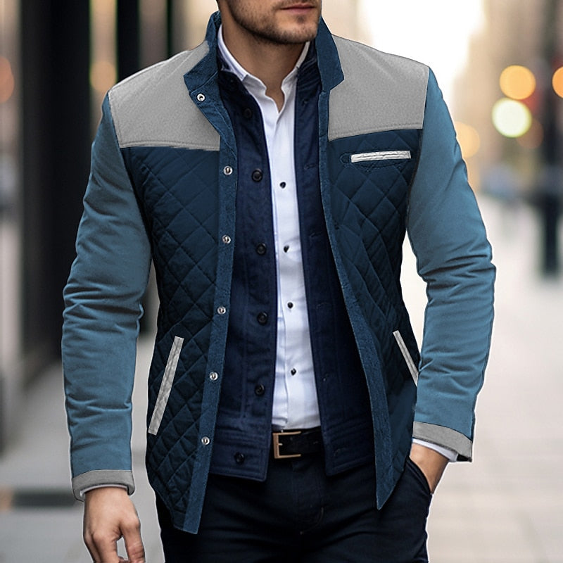 Quilted Jacket Men's Colour Block Stand Collar Button-Up Coat – Casual, Office, Holiday, Gift