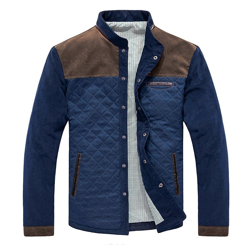 Quilted Jacket Men's Colour Block Stand Collar Button-Up Coat – Casual, Office, Holiday, Gift