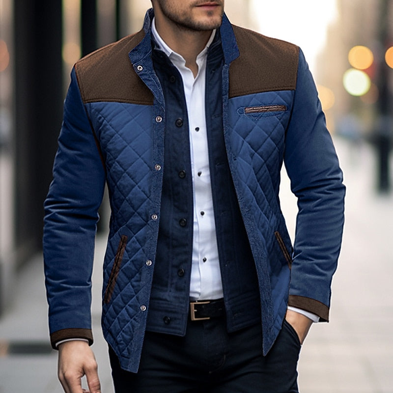 Quilted Jacket Men's Colour Block Stand Collar Button-Up Coat – Casual, Office, Holiday, Gift