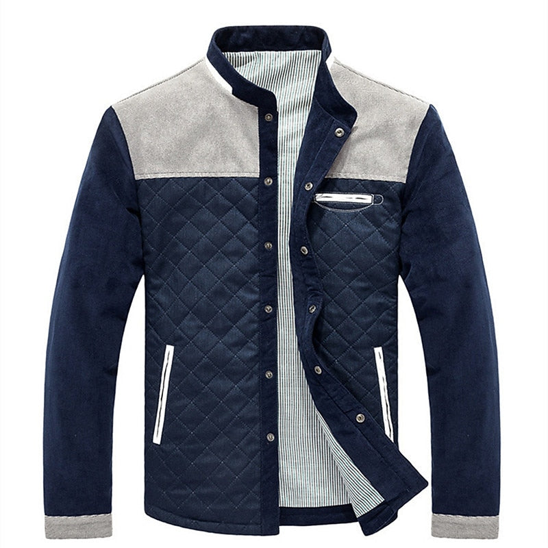 Quilted Jacket Men's Stand Collar Colour-Block Button-Up – Casual, Office, Autumn Layering, Gift