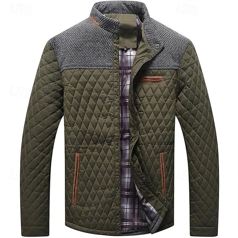 Quilted Jacket Men's Stand Collar Khaki Diamond-Padded – Casual, Office, Autumn Layering, Gift