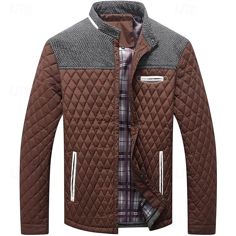 Quilted Jacket Men's Stand Collar Khaki Diamond-Padded – Casual, Office, Autumn Layering, Gift