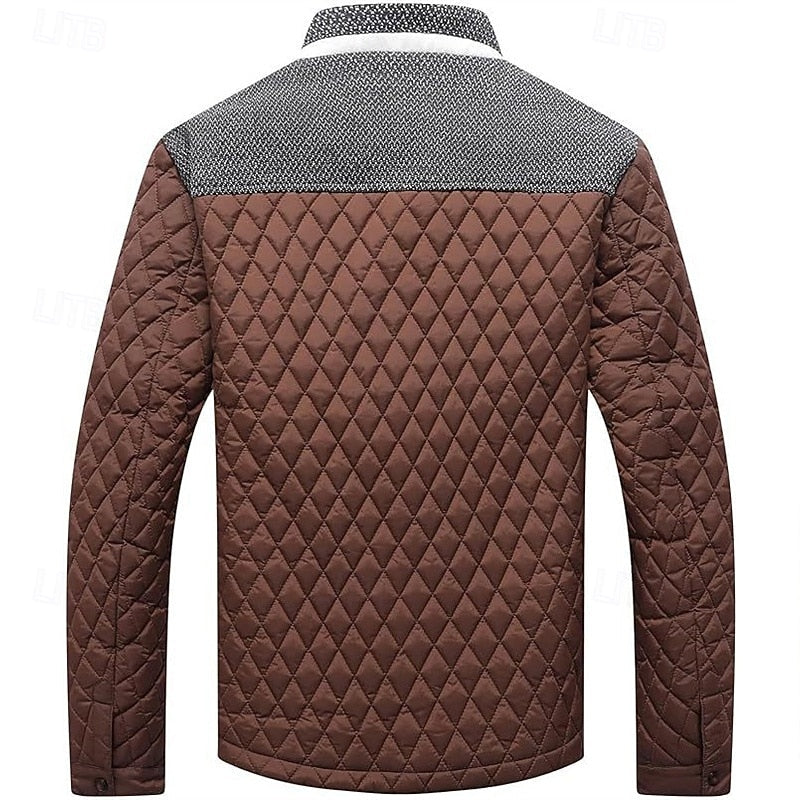 Quilted Jacket Men's Stand Collar Khaki Diamond-Padded – Casual, Office, Autumn Layering, Gift